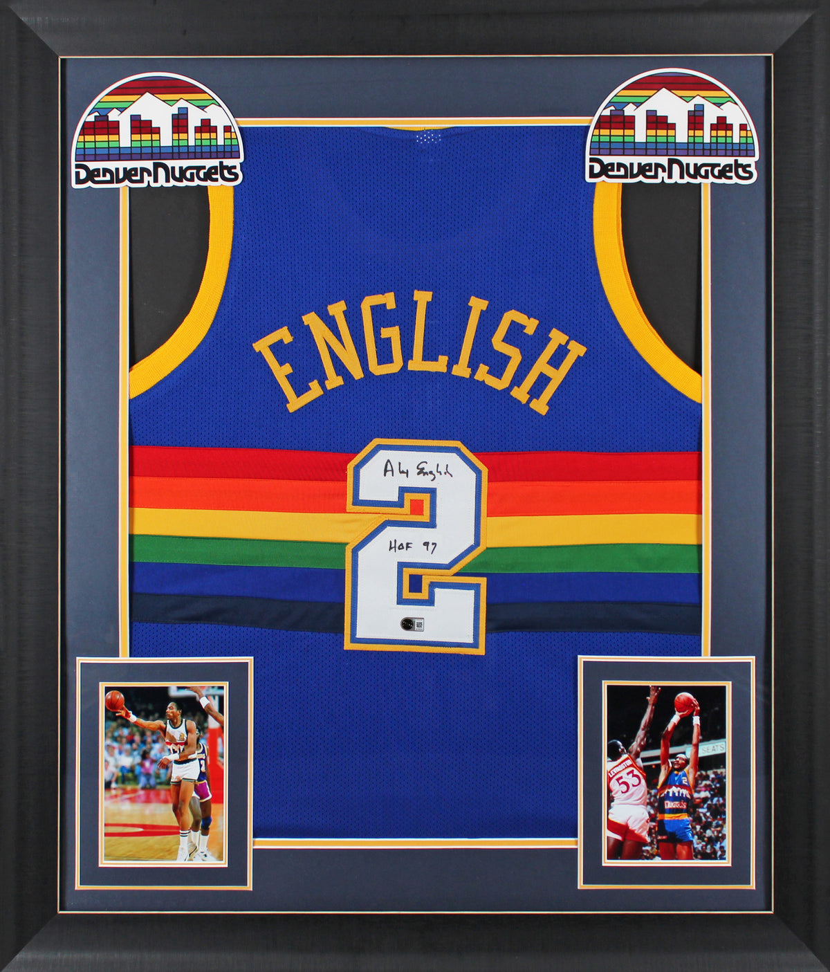 Alex English "HOF 97" Signed Blue Throwback Pro Style Framed Jersey BAS