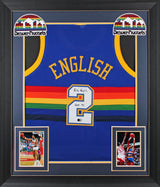 Alex English "HOF 97" Signed Blue Throwback Pro Style Framed Jersey BAS