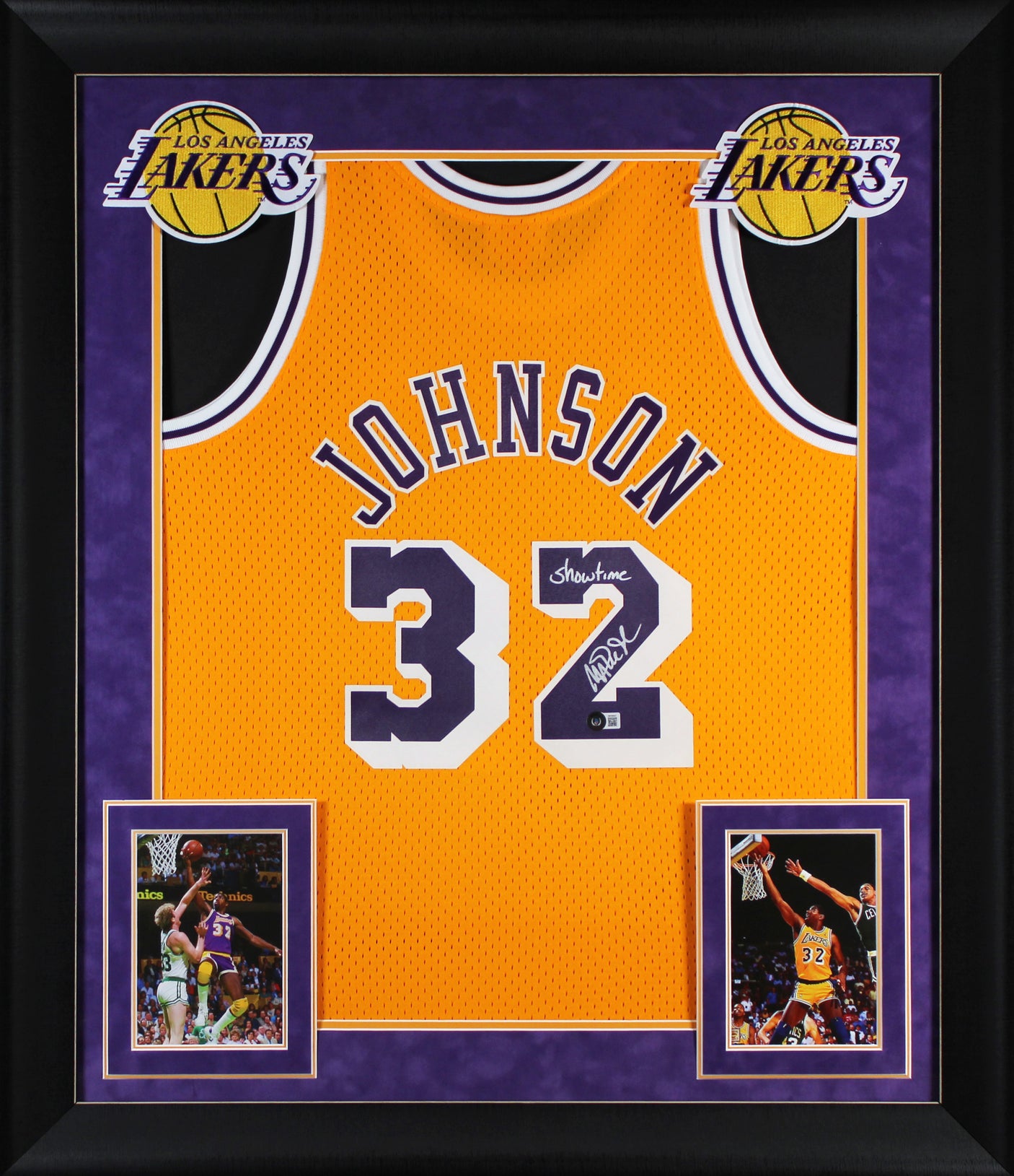 Lakers Magic Johnson "Showtime" Signed Yellow M&N HWC Framed Jersey BAS Witness