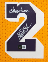 Lakers Magic Johnson "Showtime" Signed Yellow M&N HWC Framed Jersey BAS Witness