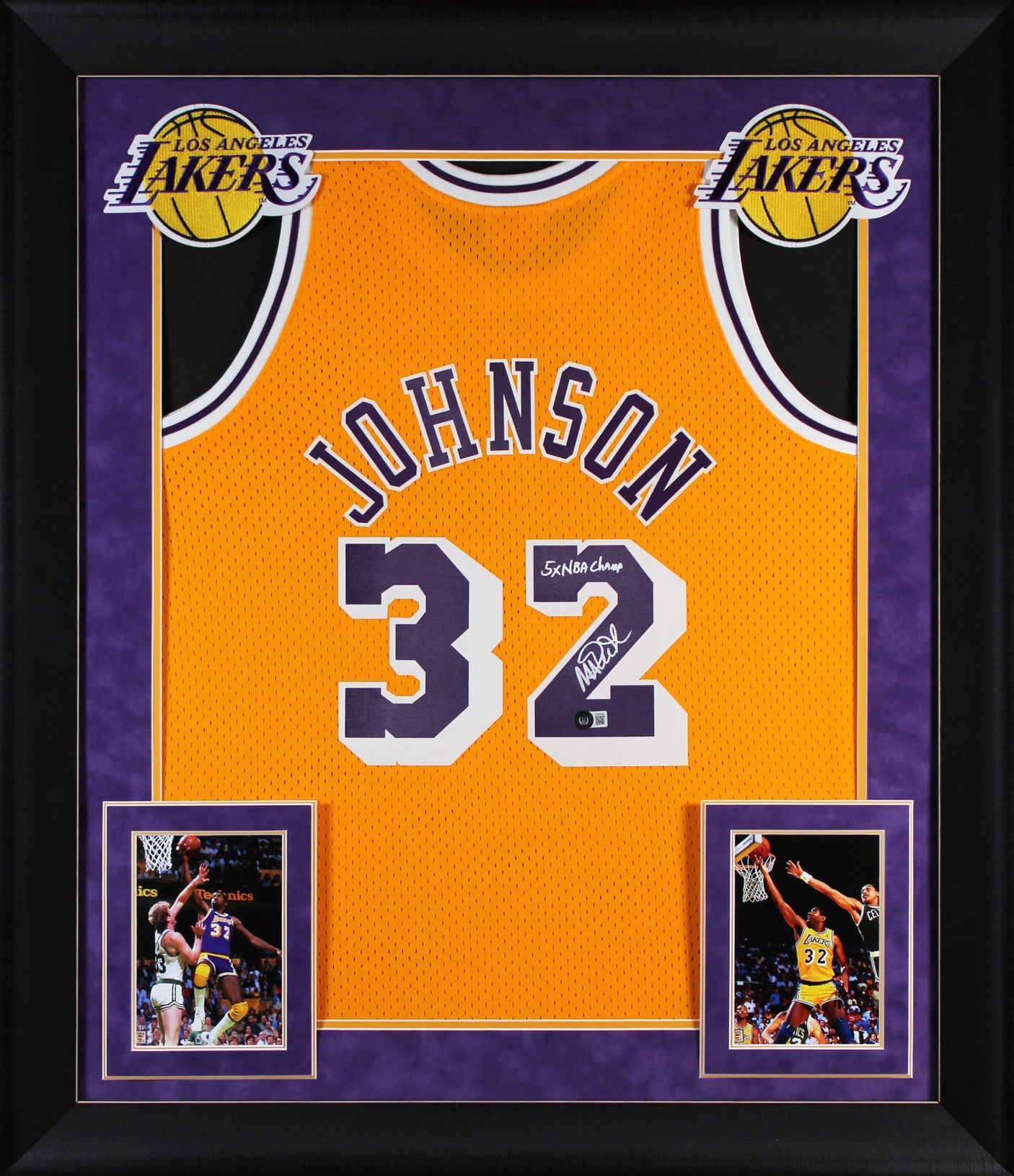 Lakers Magic Johnson "5x NBA Champ" Signed Yellow M&N HWC Framed Jersey BAS W