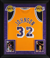 Lakers Magic Johnson "5x NBA Champ" Signed Yellow M&N HWC Framed Jersey BAS W