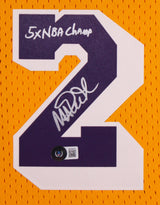 Lakers Magic Johnson "5x NBA Champ" Signed Yellow M&N HWC Framed Jersey BAS W