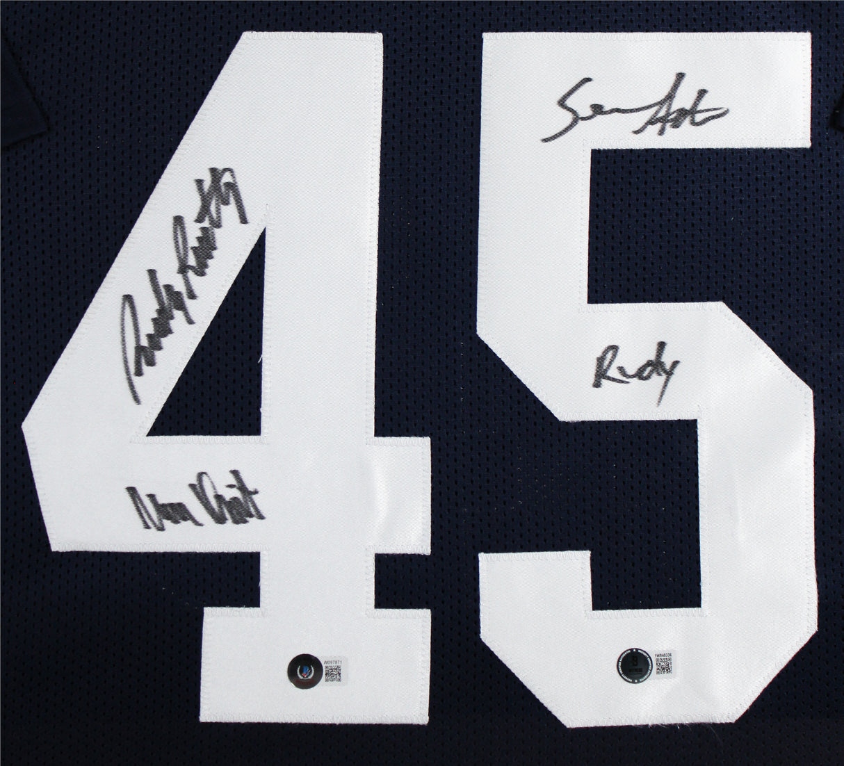 Notre Dame Rudy Ruettiger & Sean Astin Signed Navy Pro Style Framed Jersey BAS W