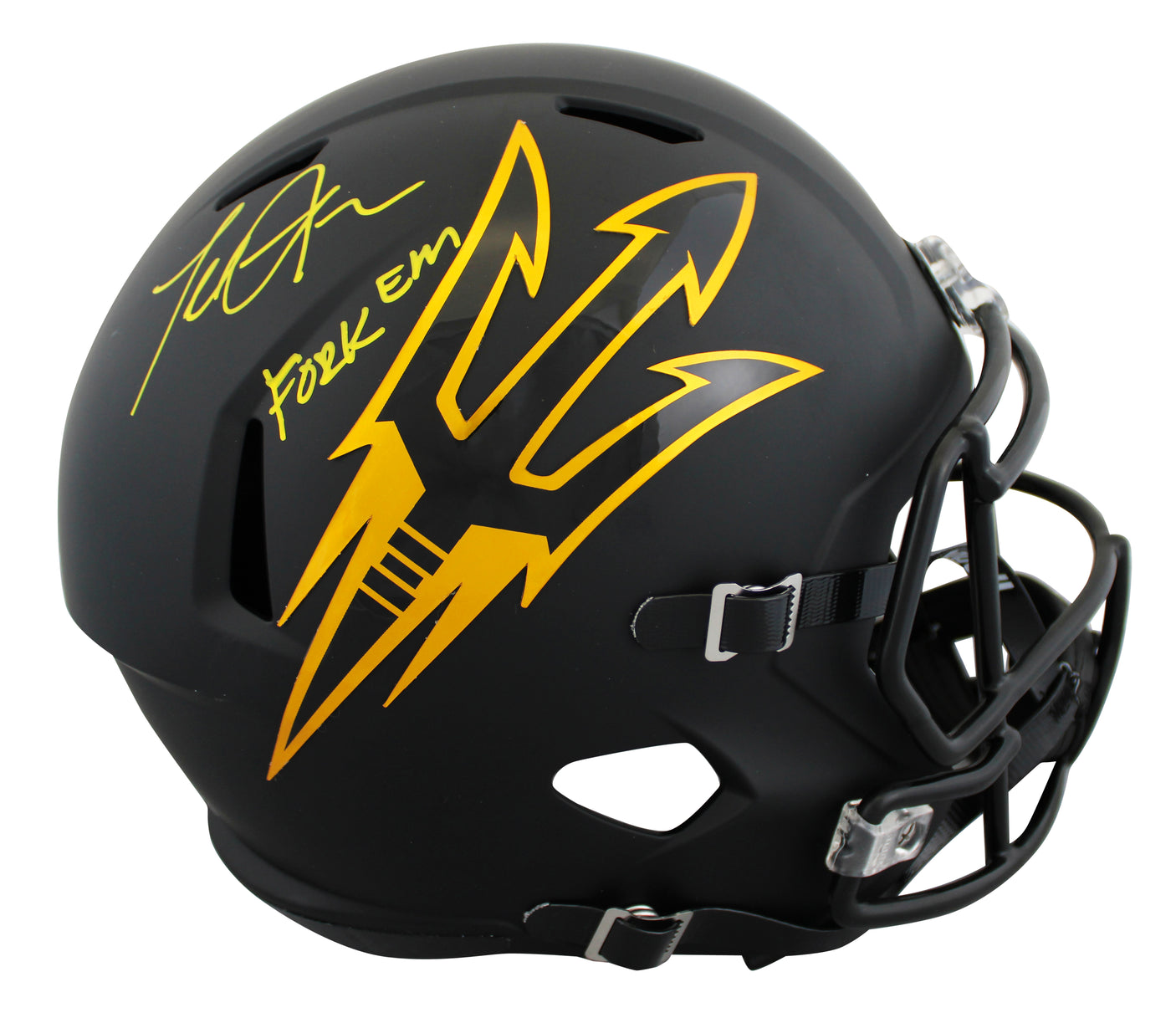 ASU Terrell Suggs "Fork Em" Signed Black Full Size Speed Rep Helmet BAS Witness