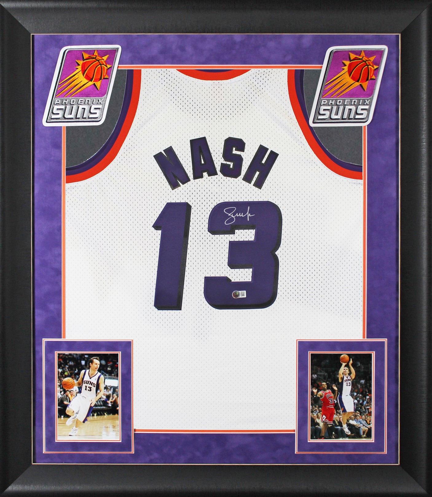 Suns Steve Nash Signed White M&N 1996-97 HWC Swingman Framed Jersey BAS Witness
