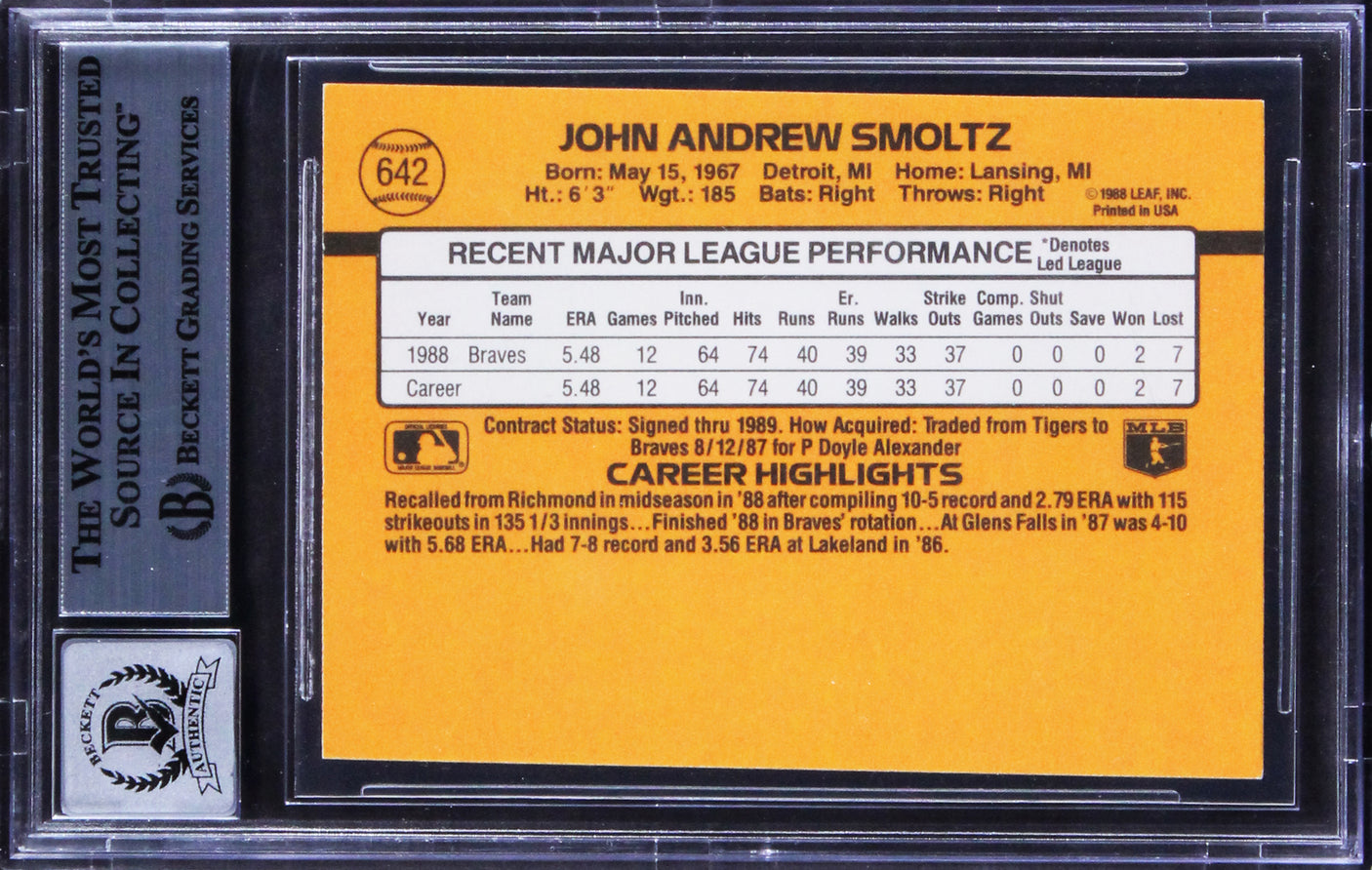 Braves John Smoltz Signed 1989 Donruss #642 Rookie Card Gem Mint 10! BAS Slabbed