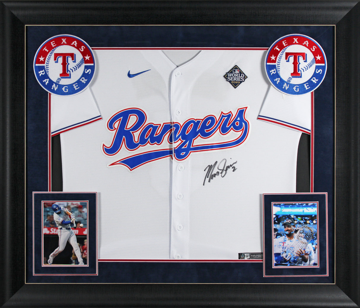 Rangers Marcus Semien Signed White Nike Framed Jersey w/ 2023 WS Patch BAS Wit
