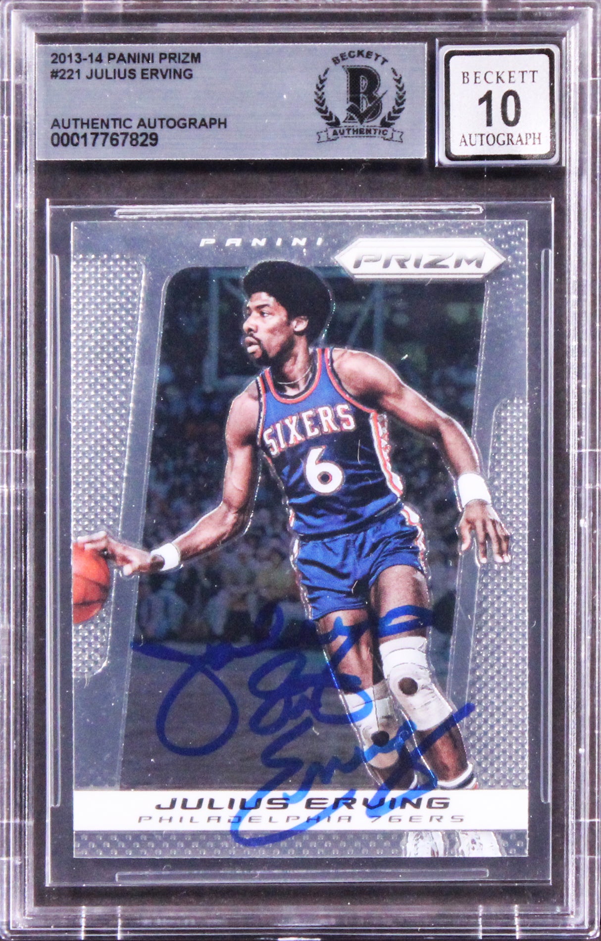 76ers Julius Erving Signed 2013 Panini Prizm #221 Card Auto 10! BAS Slabbed