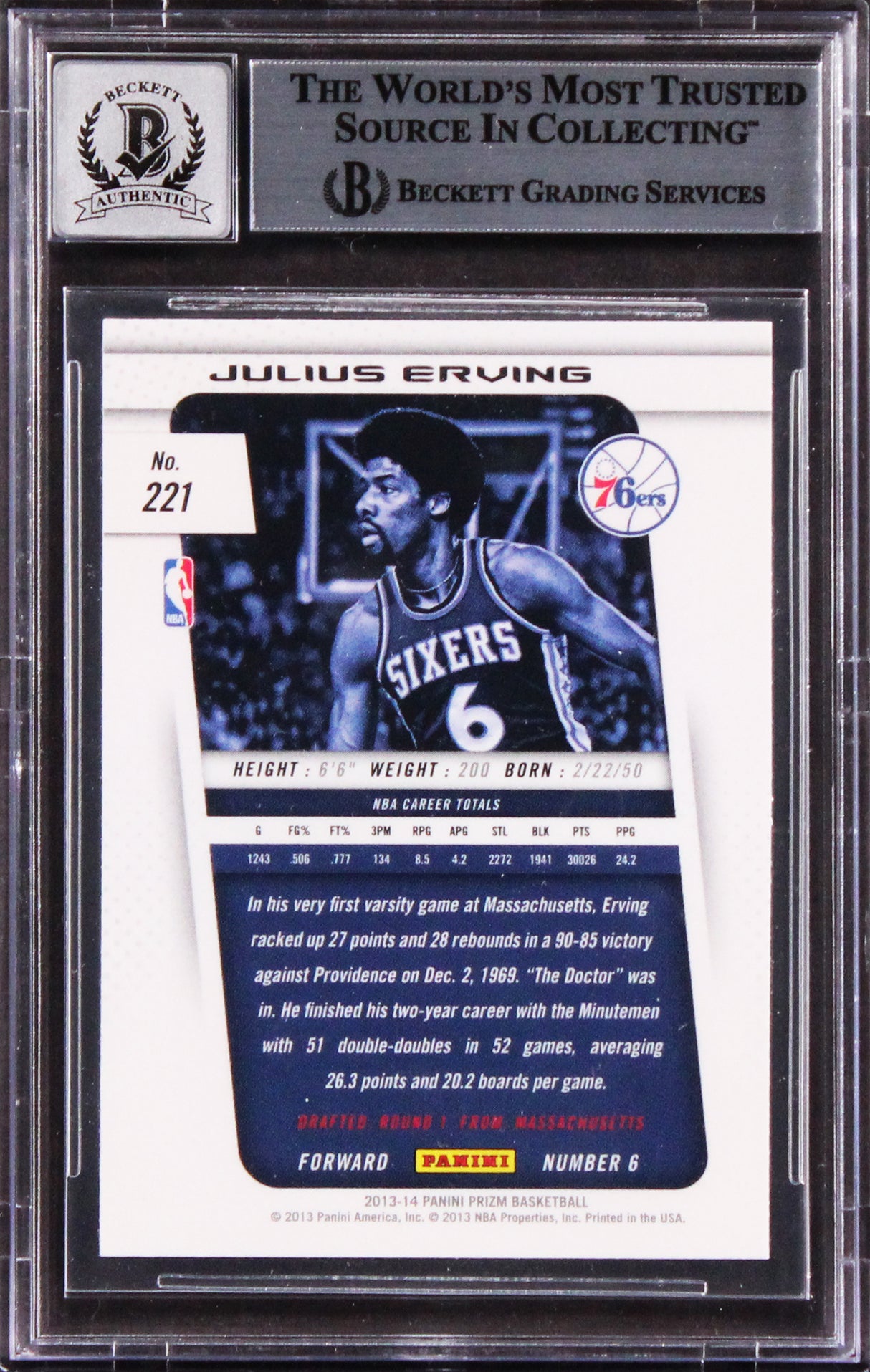 76ers Julius Erving Signed 2013 Panini Prizm #221 Card Auto 10! BAS Slabbed