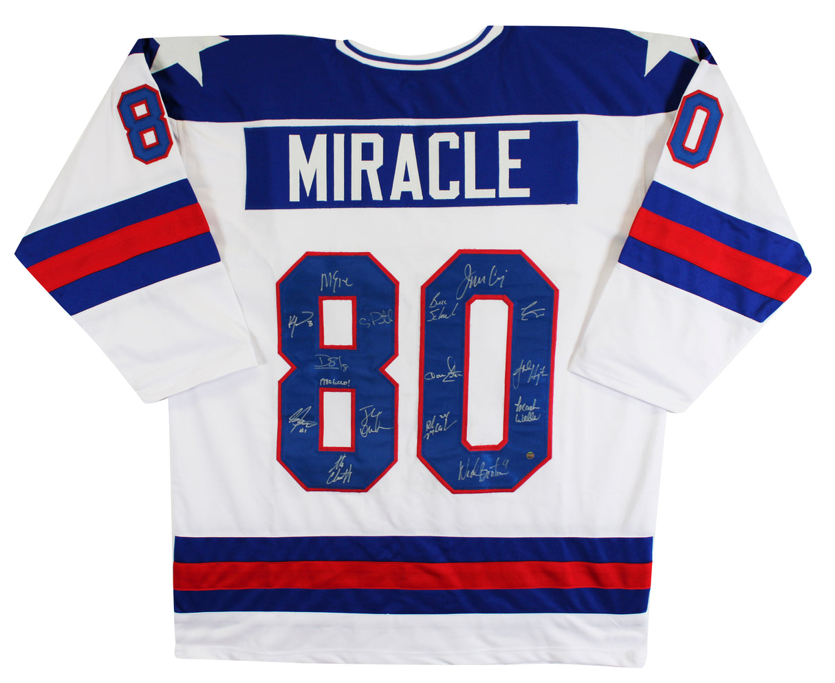 1980 USA Hockey 15 Autos Craig, Eruzione, Broten Signed White Jersey Steiner