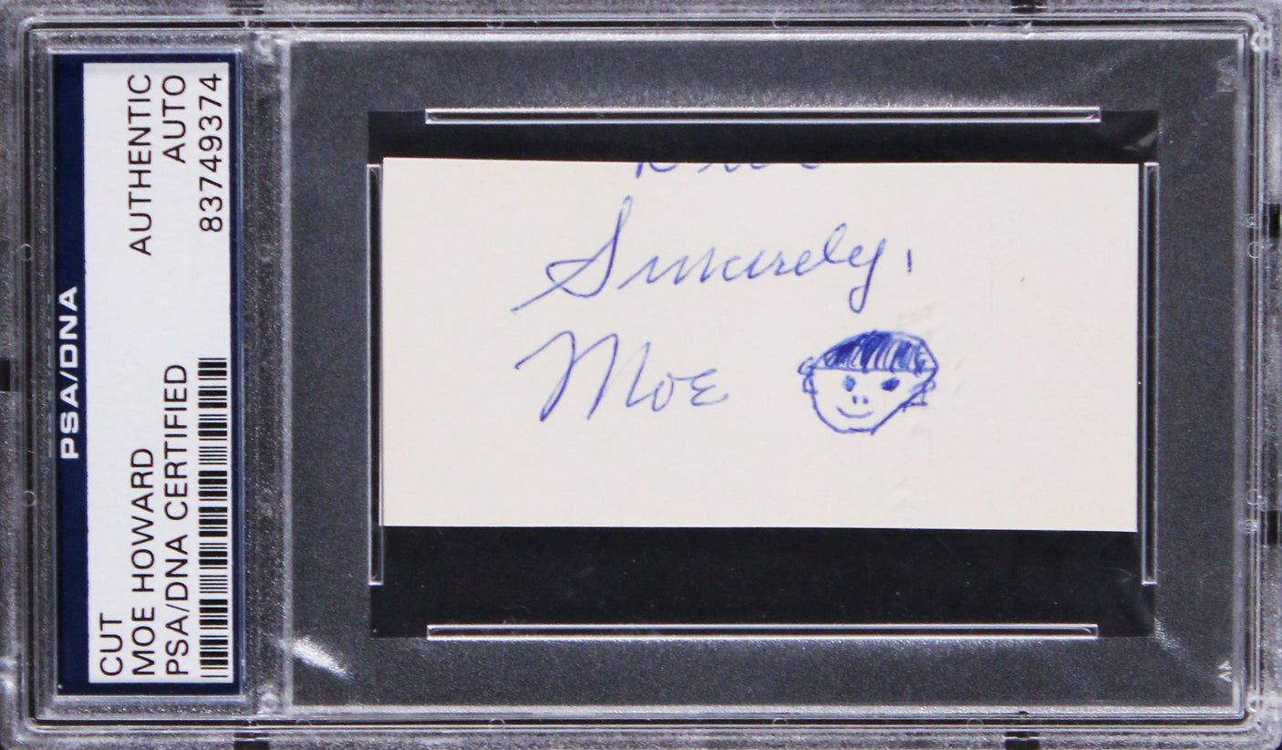 Moe Howard Signed 1.5x3.25 Cut w/ Hand Drawn Self Portrait Sketch PSA Slabbed