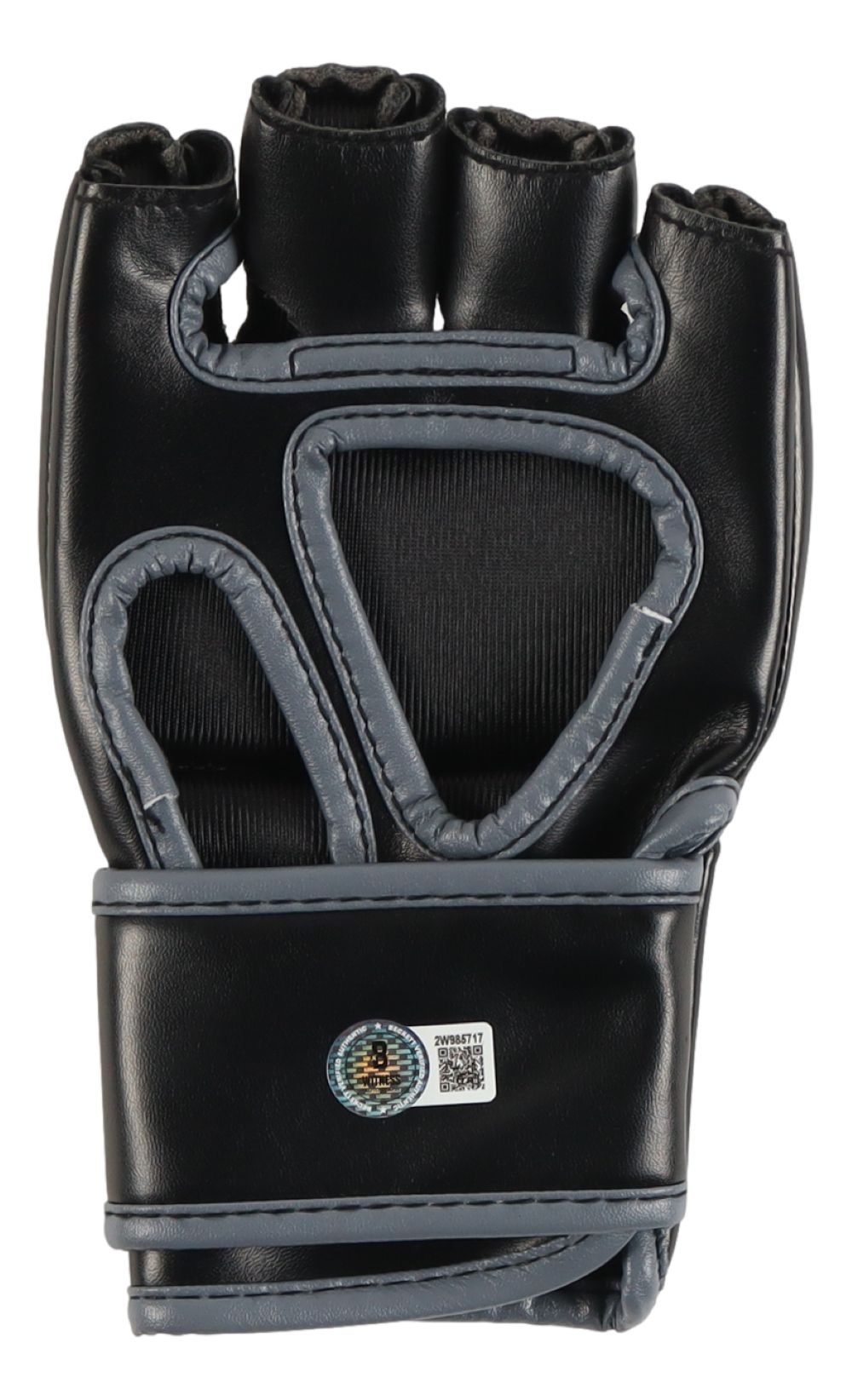 The Israel Adesanya Signed UFC Fight Glove BAS by Sports Integrity is a black and gray MMA glove with exposed fingers, padded sections, a wrist strap, and an official certification sticker.