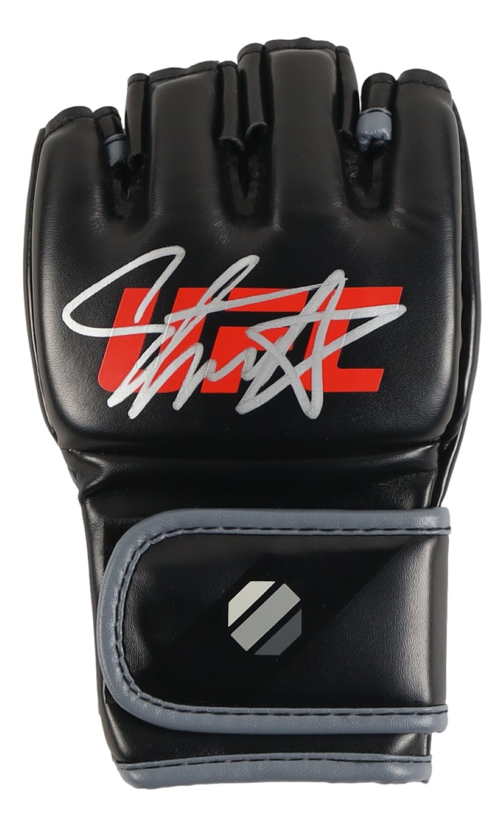 The Israel Adesanya Signed UFC Fight Glove BAS by Sports Integrity is a black MMA glove with gray trim, a bold red UFC logo, and a white autograph on top, shown against a white background.