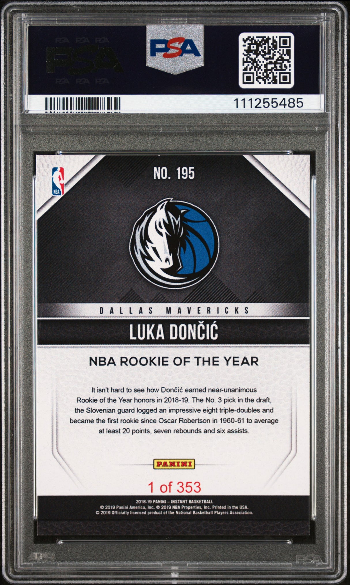 Mavericks Luka Doncic Signed 2018 Panini Instant #195 Rookie Card PSA Slabbed 2