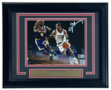 The Sports Integrity Allen Iverson Signed Framed 8x10 Philadelphia 76ers vs Kobe Bryant Photo features Iverson dribbling, his white signature at the top right, and includes a gold name plaque. Authenticated by BAS.