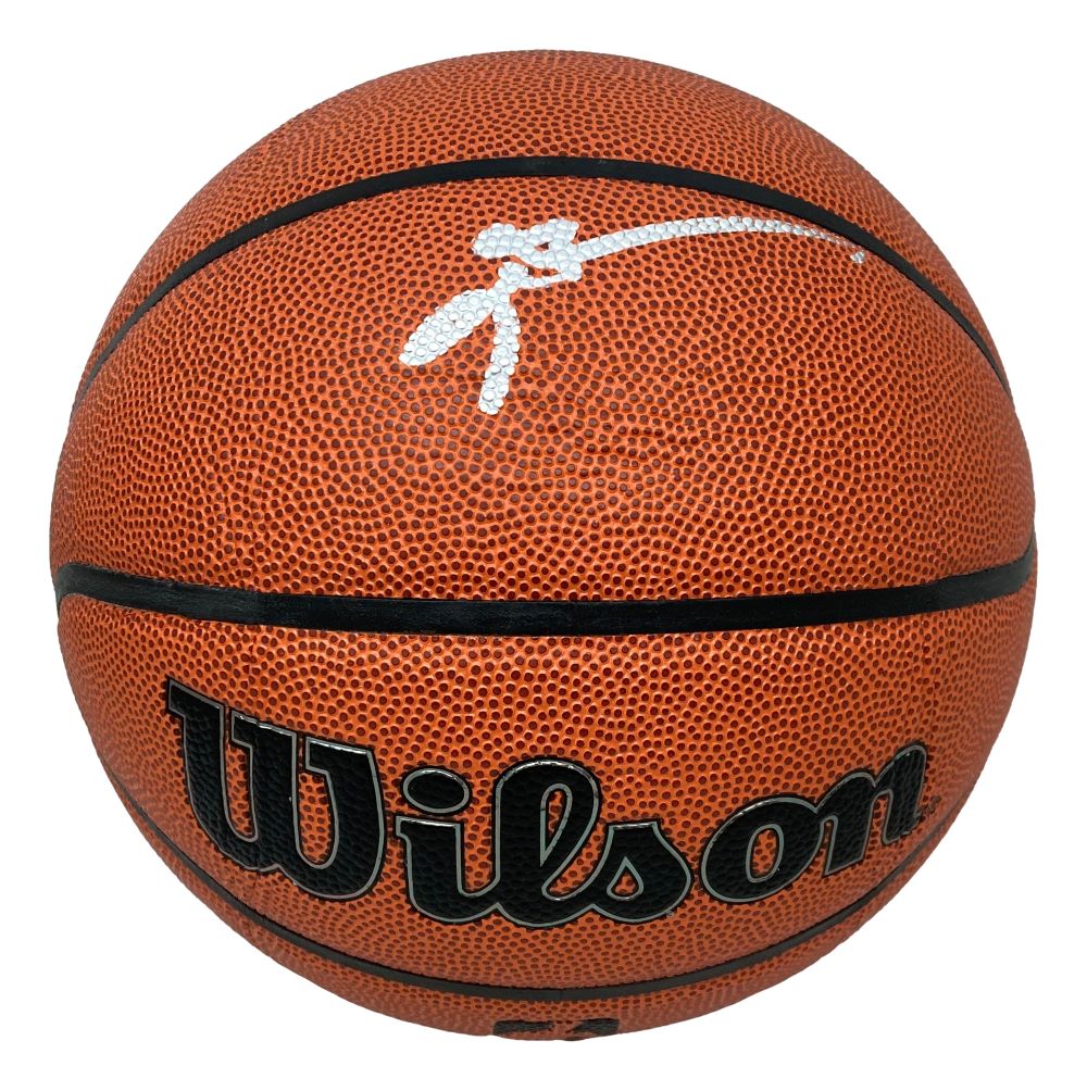 The Allen Iverson 76ers Signed Wilson NBA I/O Replica Basketball by Sports Integrity features a brown pebbled texture, a white signature, and the Wilson brand name in black lettering.