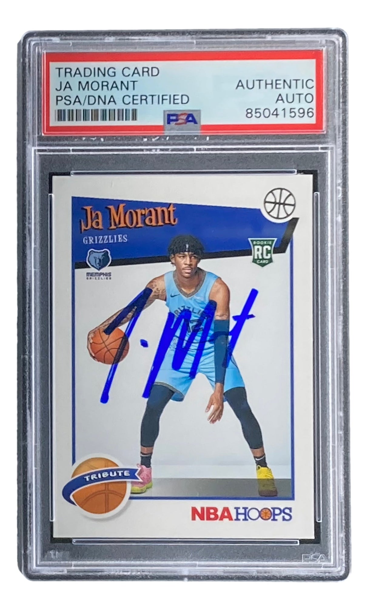 Ja Morant Signed 2019/20 Panini Hoops #297 Grizzlies Rookie Card by Sports Integrity, encased in PSA/DNA with label “TRADING CARD JA MORANT PSA/DNA CERTIFIED AUTHENTIC AUTO 85041596” and blue autograph on front.