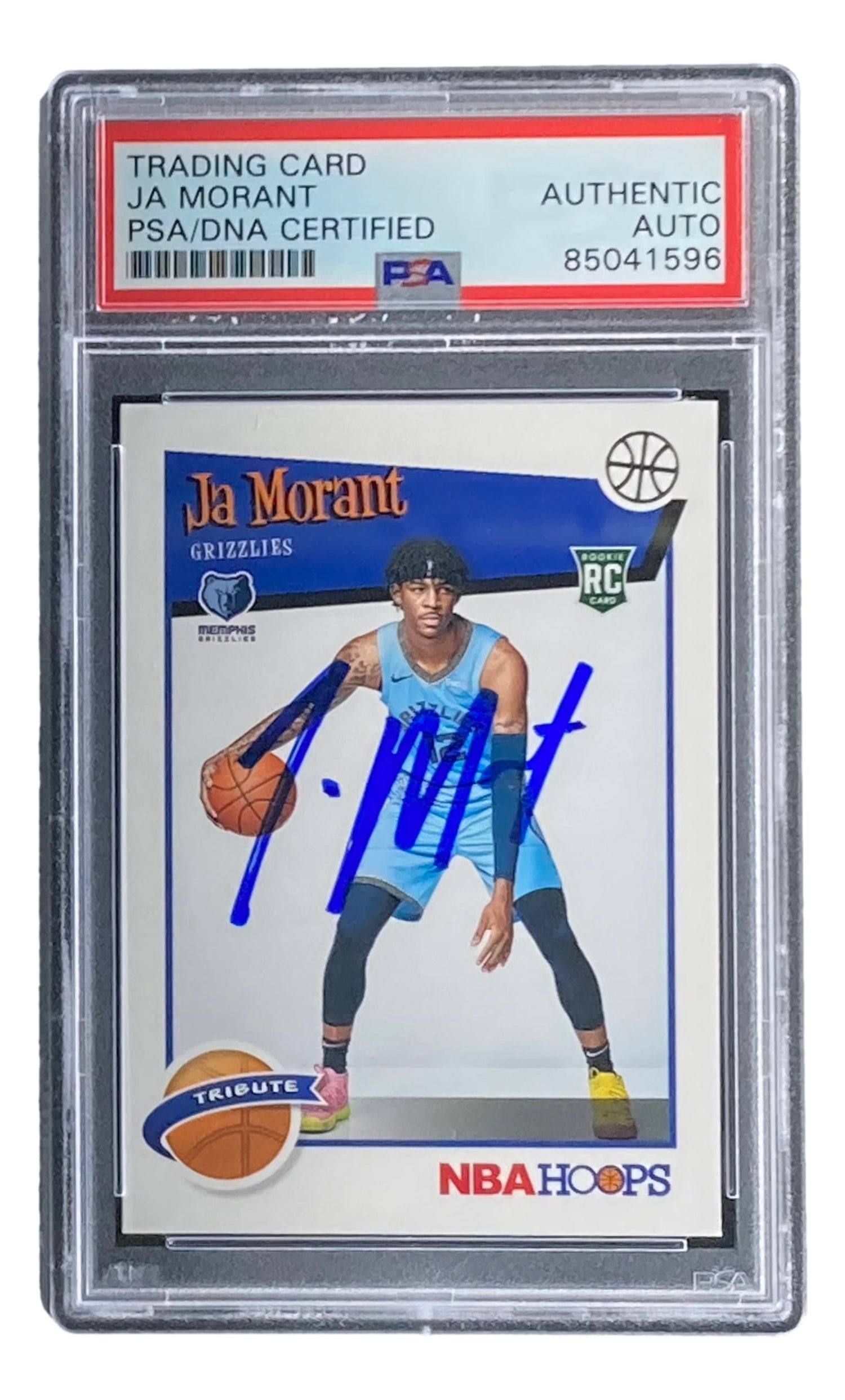 Ja Morant Signed 2019/20 Panini Hoops #297 Grizzlies Rookie Card by Sports Integrity, encased in PSA/DNA with label “TRADING CARD JA MORANT PSA/DNA CERTIFIED AUTHENTIC AUTO 85041596” and blue autograph on front.