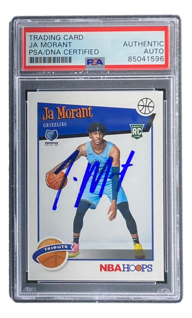 Ja Morant Signed 2019/20 Panini Hoops #297 Grizzlies Rookie Card by Sports Integrity, encased in PSA/DNA with label “TRADING CARD JA MORANT PSA/DNA CERTIFIED AUTHENTIC AUTO 85041596” and blue autograph on front.