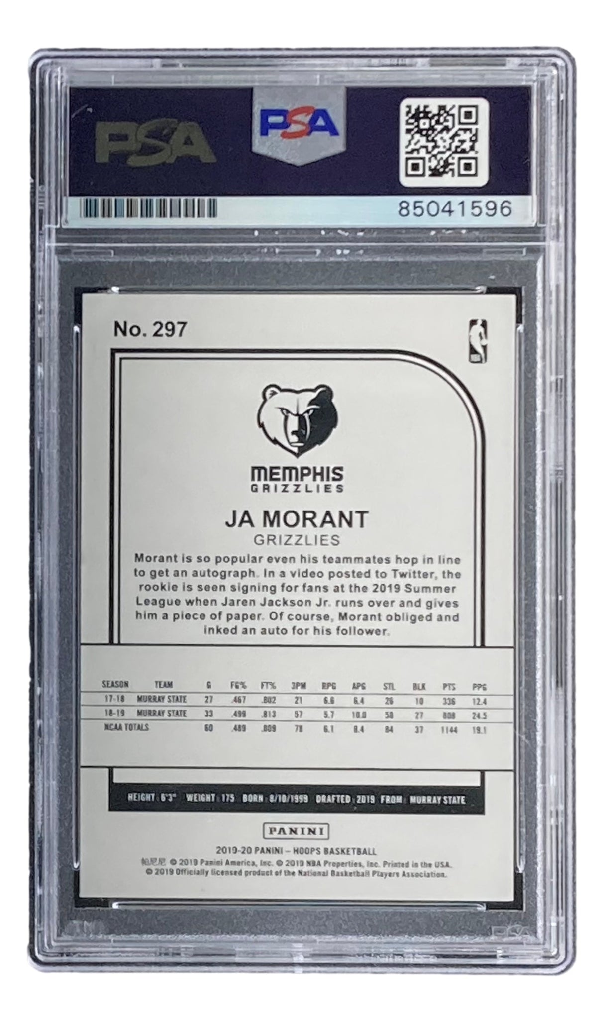 Back of Ja Morant Signed 2019/20 Panini Hoops #297 Grizzlies Rookie Card by Sports Integrity, showing team logo, stats, bio, and PSA/DNA authentication with barcode and serial number at the top.