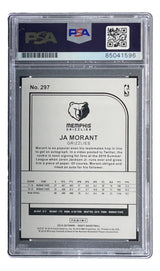 Back of Ja Morant Signed 2019/20 Panini Hoops #297 Grizzlies Rookie Card by Sports Integrity, showing team logo, stats, bio, and PSA/DNA authentication with barcode and serial number at the top.