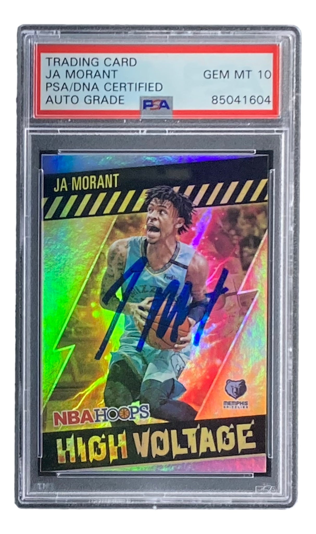 The Sports Integrity Ja Morant Signed 2020-21 Panini Hoops #5 Grizzlies Trading Card features his blue ink autograph, labeled “High Voltage,” and is graded PSA/DNA Gem MT 10.
