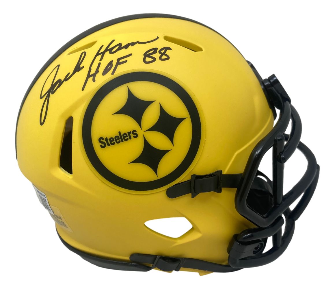 The Sports Integrity Jack Ham Signed Pittsburgh Steelers Rave Mini Speed Helmet HOF 88 BAS features a yellow helmet with black facemask, team logo, and Jack Ham's autograph with "HOF 88" in black marker.