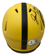 The Sports Integrity Jack Ham Signed Pittsburgh Steelers Rave Mini Speed Helmet HOF 88 BAS features a yellow design with a black stripe, autograph on top, and authentication stickers on the back.