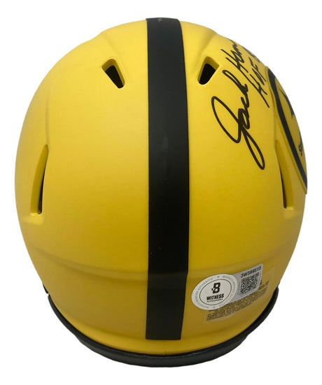 The Sports Integrity Jack Ham Signed Pittsburgh Steelers Rave Mini Speed Helmet HOF 88 BAS features a yellow design with a black stripe, autograph on top, and authentication stickers on the back.