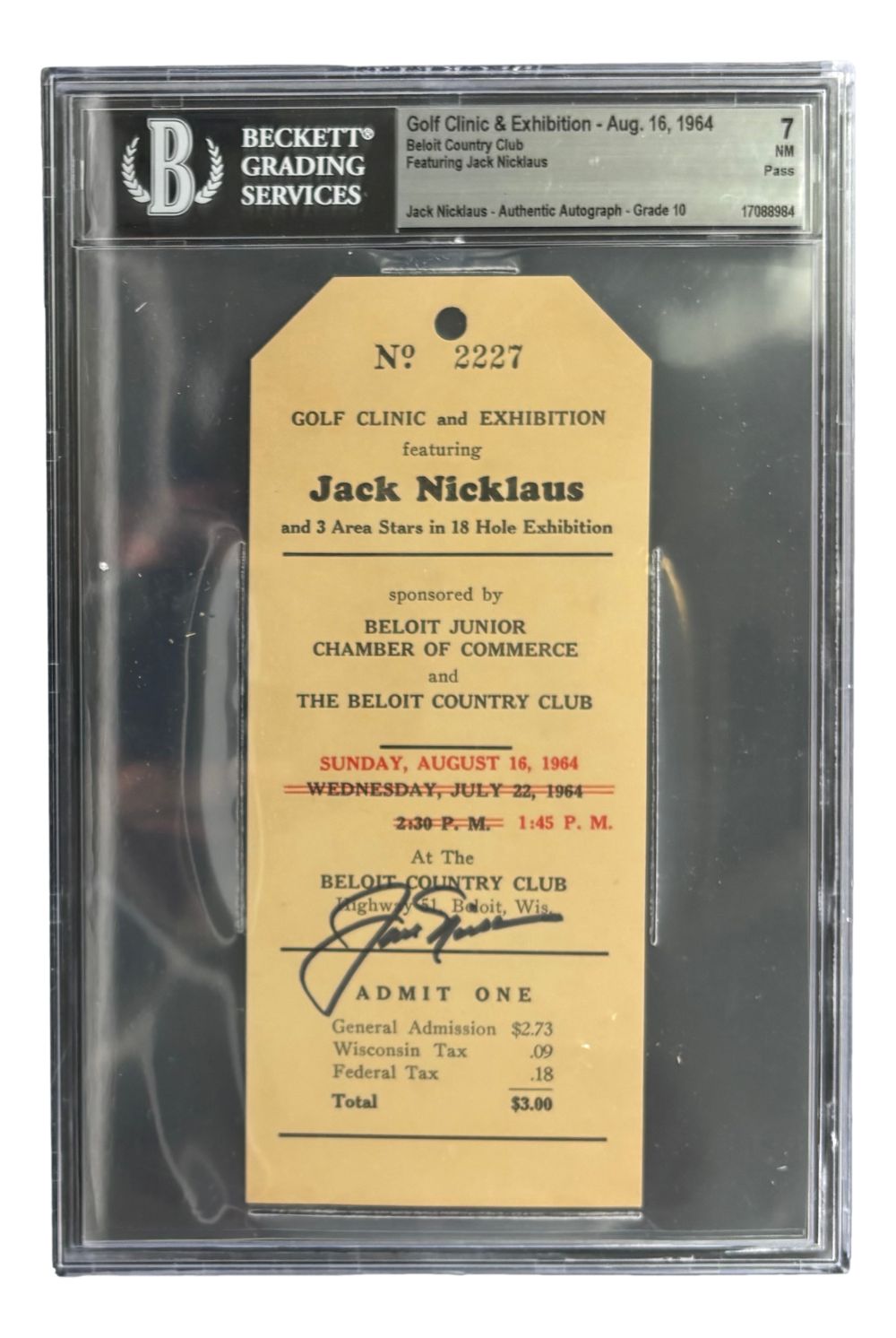 Jack Nicklaus Signed 1964 Beloit Country Club Exhibition Ticket BAS NM7 Auto 10