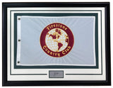 The Sports Integrity Jack Nicklaus Framed Bridgestone Country Club Flag features a maroon and gold logo, a laser-engraved signature plaque, and is elegantly displayed with white and green borders.