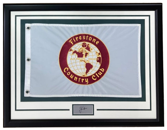 The Sports Integrity Jack Nicklaus Framed Bridgestone Country Club Flag features a maroon and gold logo, a laser-engraved signature plaque, and is elegantly displayed with white and green borders.