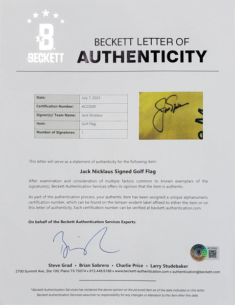 Jack Nicklaus Signed Framed The Memorial Tournament Golf Flag BAS AC22600 - Sports Integrity