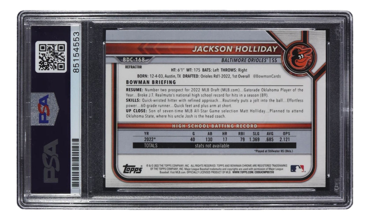Jackson Holliday Signed 2022 Bowman Draft Chrome #BDC-168 Rookie Card PSA/DNA