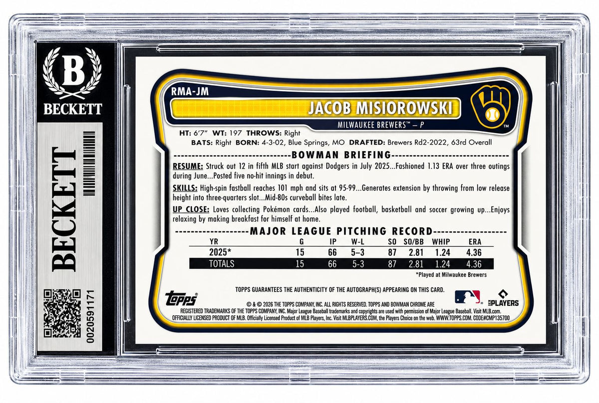 2026 Bowman Chrome #RMAJM Jacob Misiorowski Rookie Card 111/150 BAS 9 Auto 10