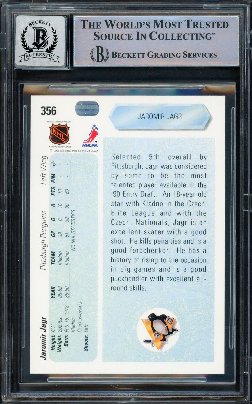 Jaromir Jagr Signed 1990-91 Upper Deck #356 Penguins Rookie Card BAS Auto 10