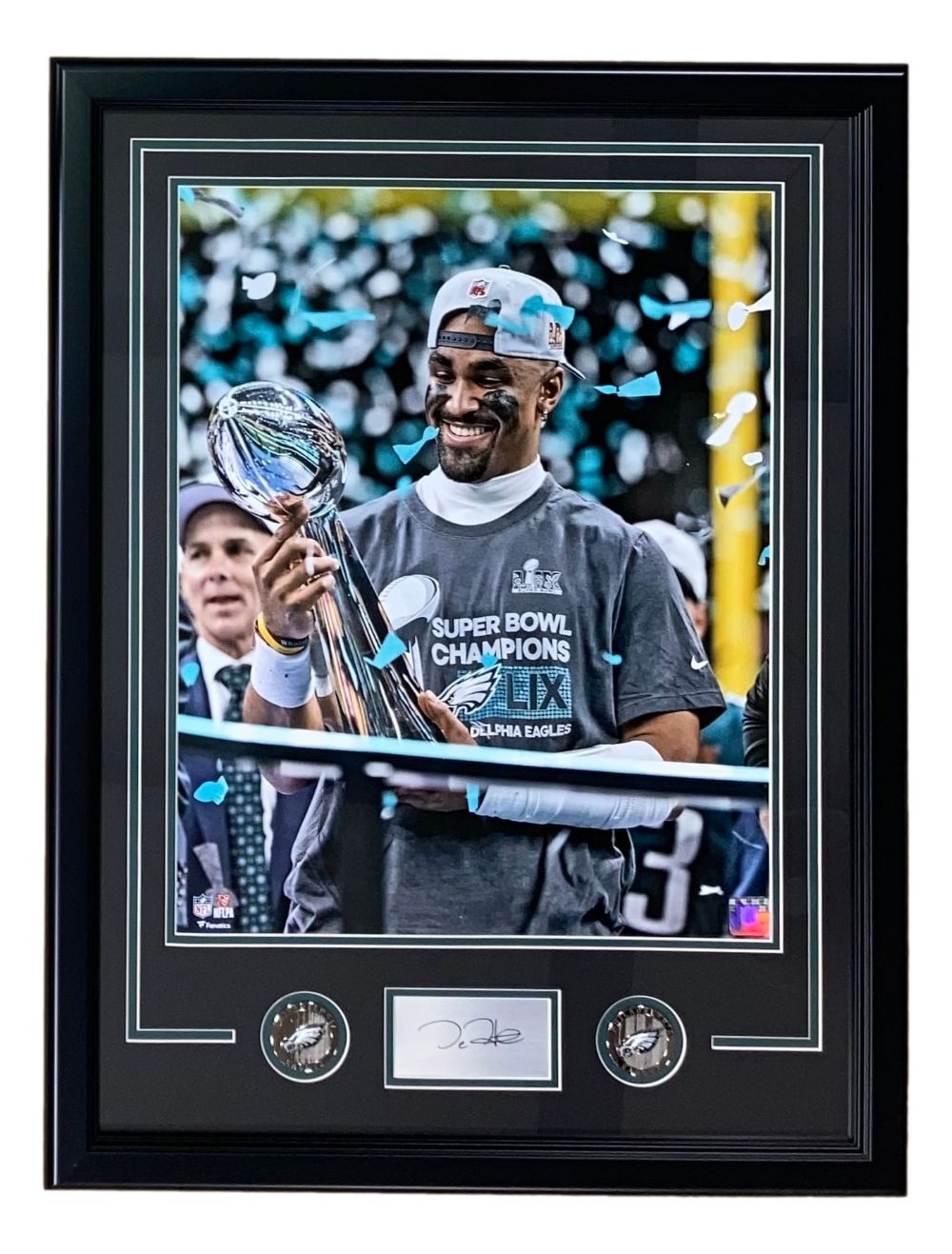 Jalen Hurts Framed 16x20 Eagles Super Bowl 59 Trophy Photo w/ Laser Auto