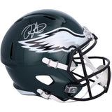 The Sports Integrity Jalen Hurts Signed Philadelphia Eagles Full Size Speed Replica Helmet features a dark green shell, white and silver eagle wing logo, silver autograph on top left, black facemask, and a white chin strap.