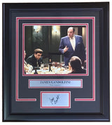 The Sports Integrity James Gandolfini Framed 8x10 Tony Soprano Photo features a laser engraved signature, nameplate, and red and white matting, perfect for Sopranos fans.
