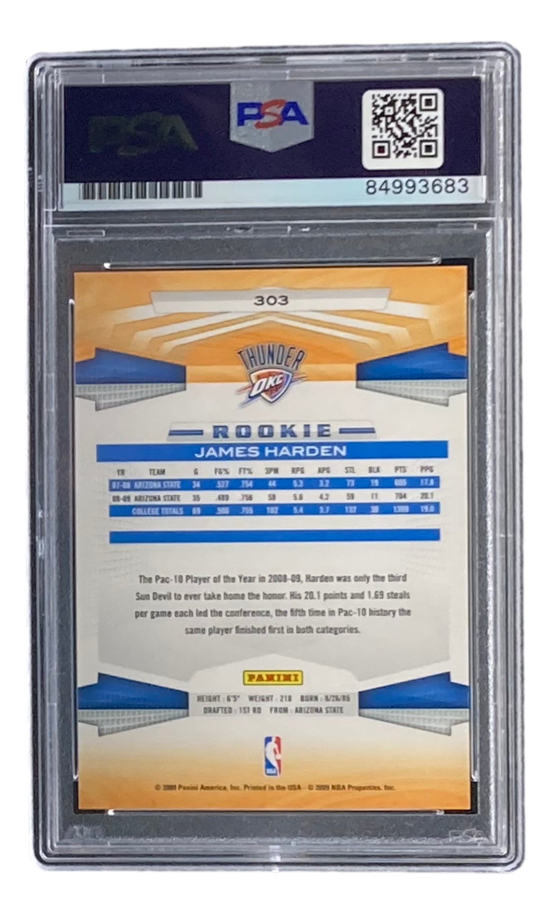 James Harden Signed Slabbed 2009 Panini #303 Rookie Card PSA/DNA Gem MT 10