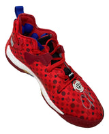 The James Harden Signed Left Adidas Harden Volume 6 Shoe by Sports Integrity features red with black and dark red geometric patterns, white details, a logo near the toe, a visible white foam sole, red laces, and a blue heel tab.