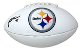 A white Sports Integrity football with the Pittsburgh Steelers logo in the center features James Harrison’s autograph and number, written in black ink on the left side.