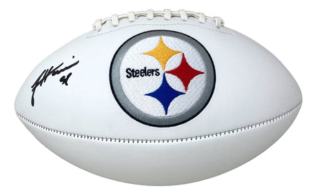 A white Sports Integrity football with the Pittsburgh Steelers logo in the center features James Harrison’s autograph and number, written in black ink on the left side.