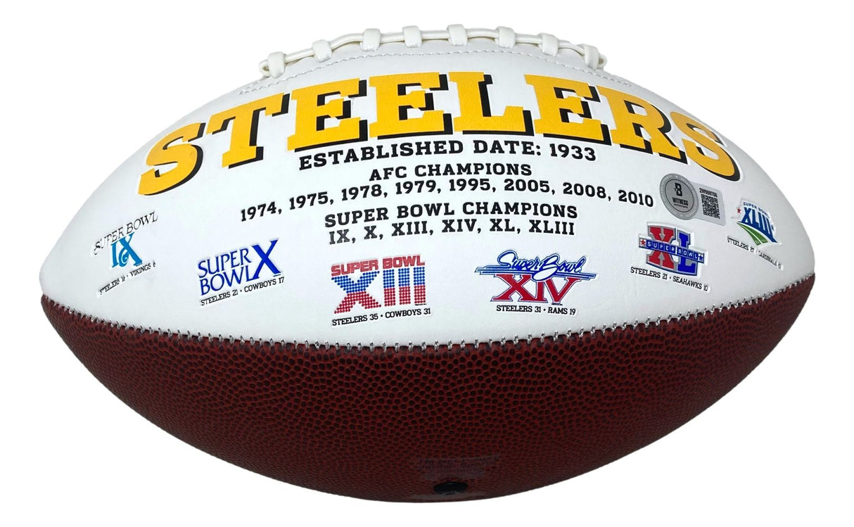 The James Harrison Signed Pittsburgh Steelers Logo Football by Sports Integrity features the team logo and is a collectible item for fans.