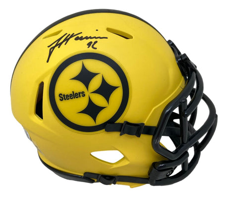 The Sports Integrity James Harrison Signed Pittsburgh Steelers Rave Mini Speed Helmet BAS is a yellow helmet with a black faceguard, team logo, and Harrison's signature with the number 90 in black marker on top.