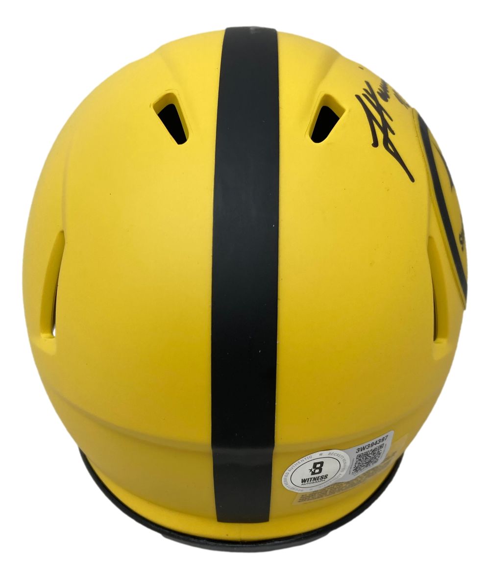 A James Harrison signed Pittsburgh Steelers Rave Mini Speed Helmet by Sports Integrity, featuring yellow color, black racing stripes, ventilation holes, a base sticker, and a signature on the upper right; back view shown.