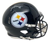 A James Harrison signed Pittsburgh Steelers full size authentic Speed helmet by Sports Integrity, featuring the team logo and a white autograph on top.