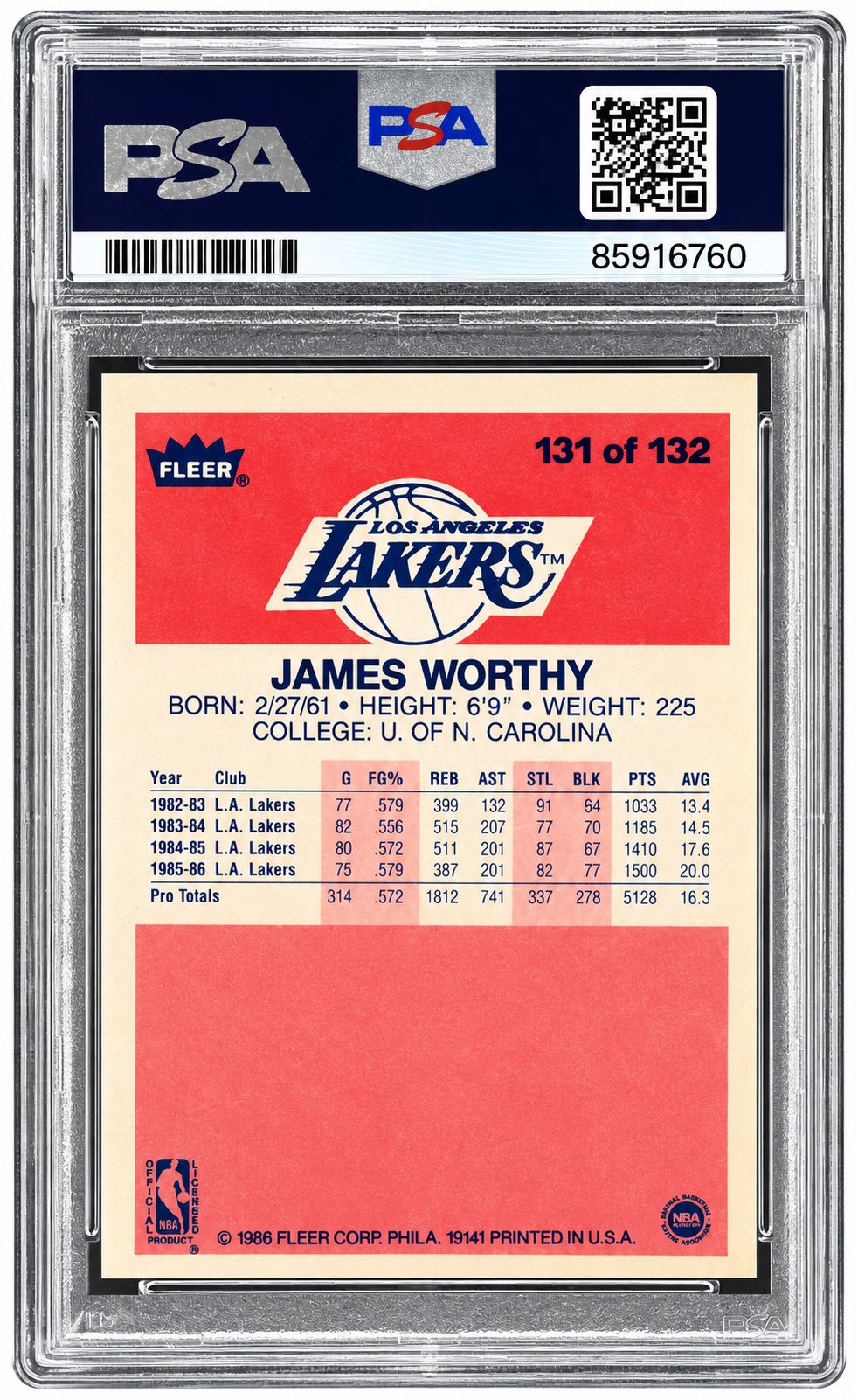 James Worthy Signed 1986 Fleer #131 Trading Card HOF 03 PSA Auto Gem MT 10