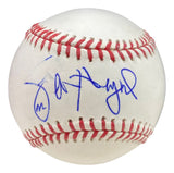 The Sports Integrity Jason Heyward Los Angeles Dodgers Signed Rawlings Official MLB Baseball features a white surface, red stitching, and a bold blue autograph certified by JSA.